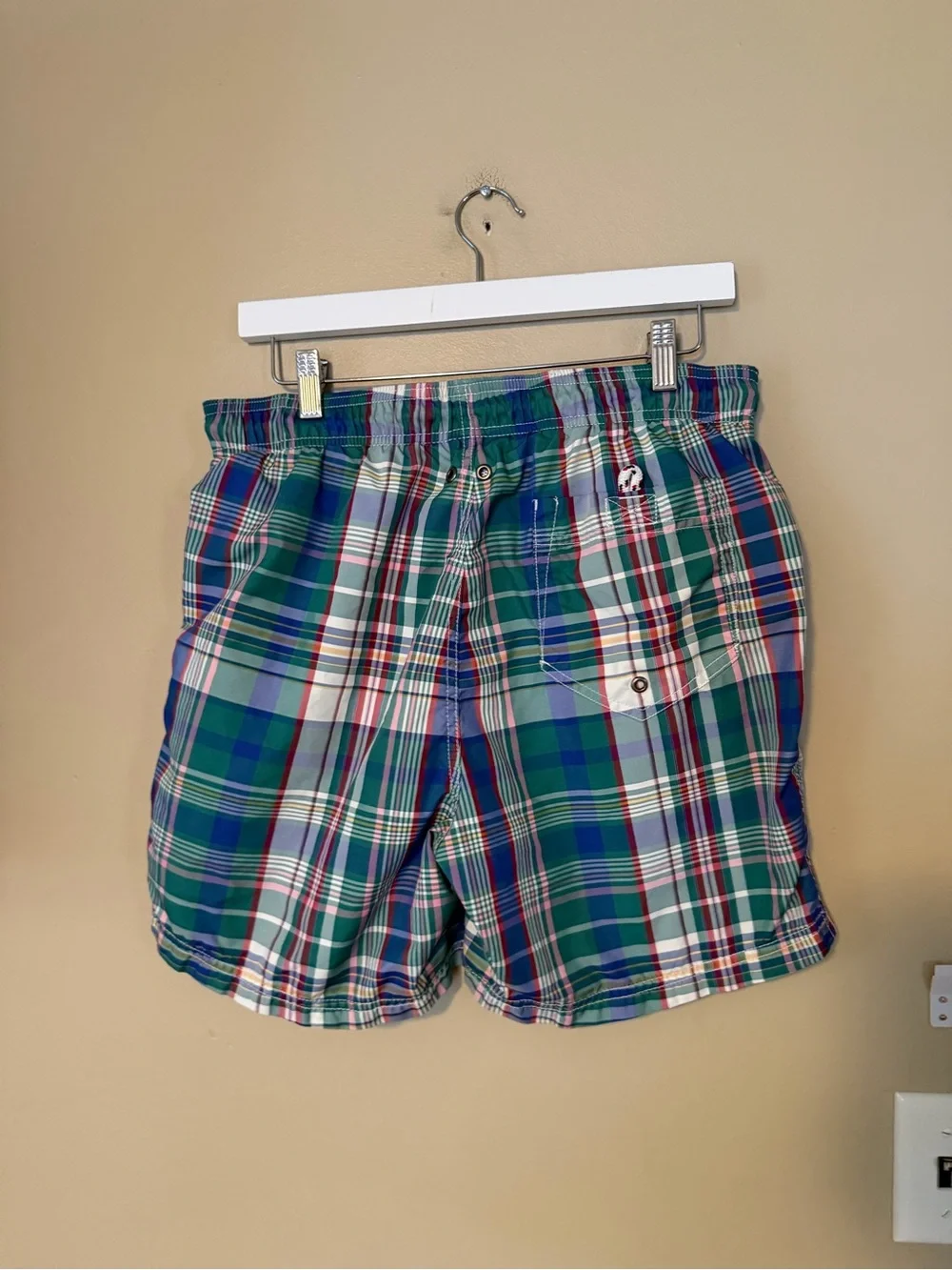 Lands' End Men’s Green Plaid Swim Trunks with Blue and White Accents